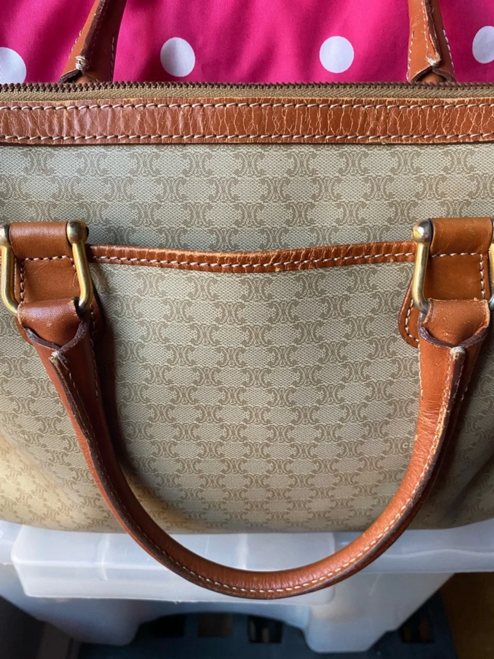 Celine Beige Monogram Satchel with Tan Trim - Picture 5 of 16